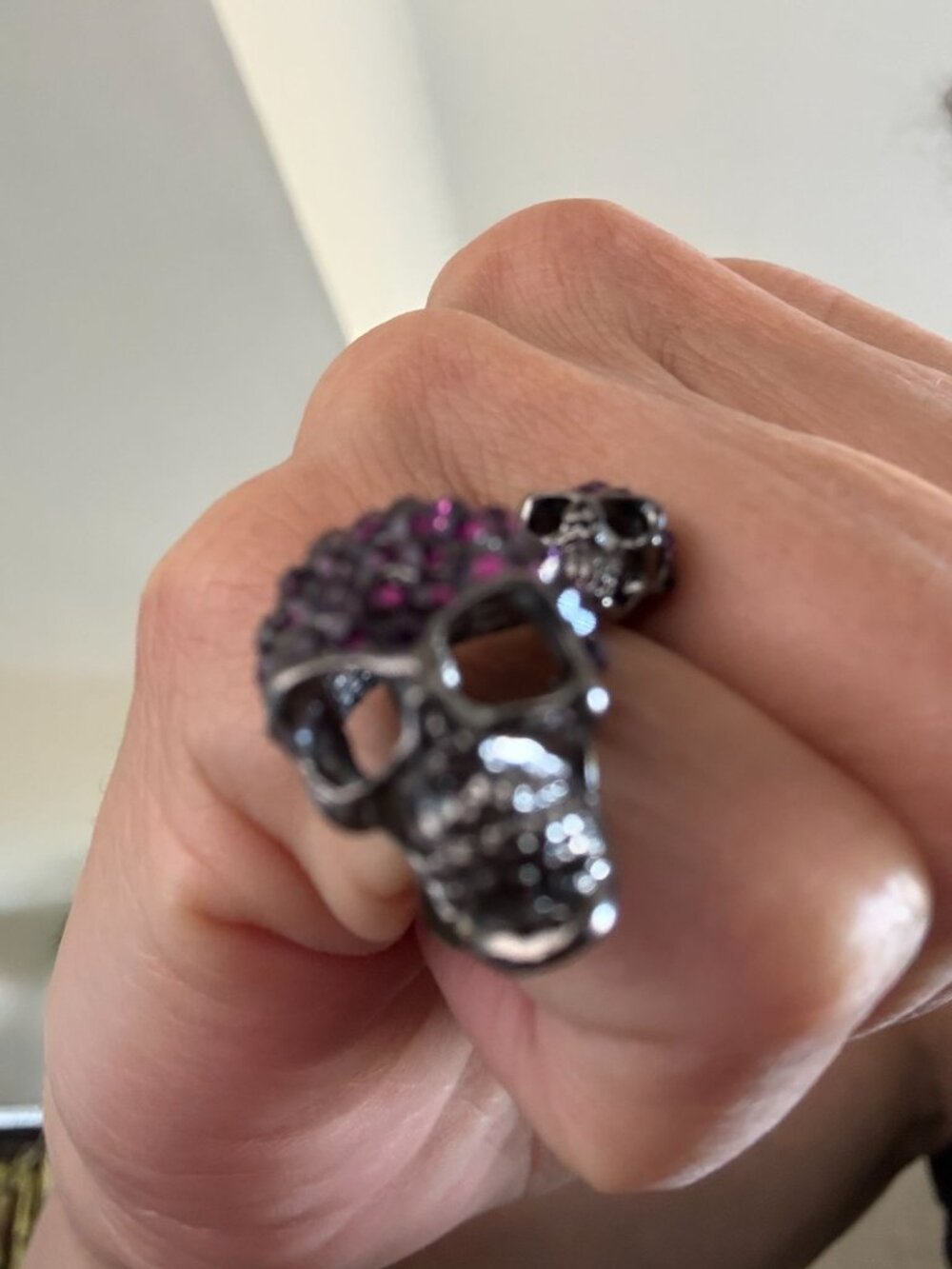 Purple Rhinestone Double Skull Wrap Ring Silver Tone Gothic Halloween Size 5